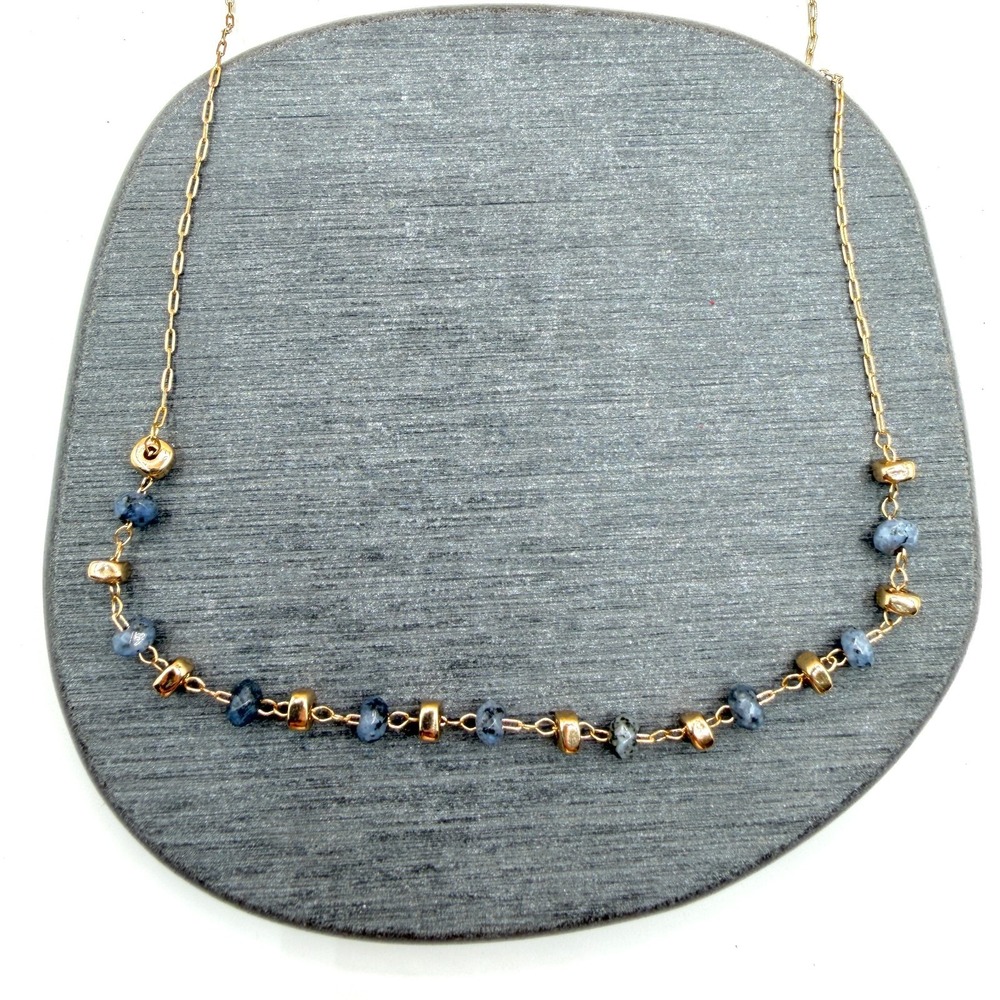 Gold Tone Blue Stone Beaded Station Necklace Delicate Boho Layering Jewelry